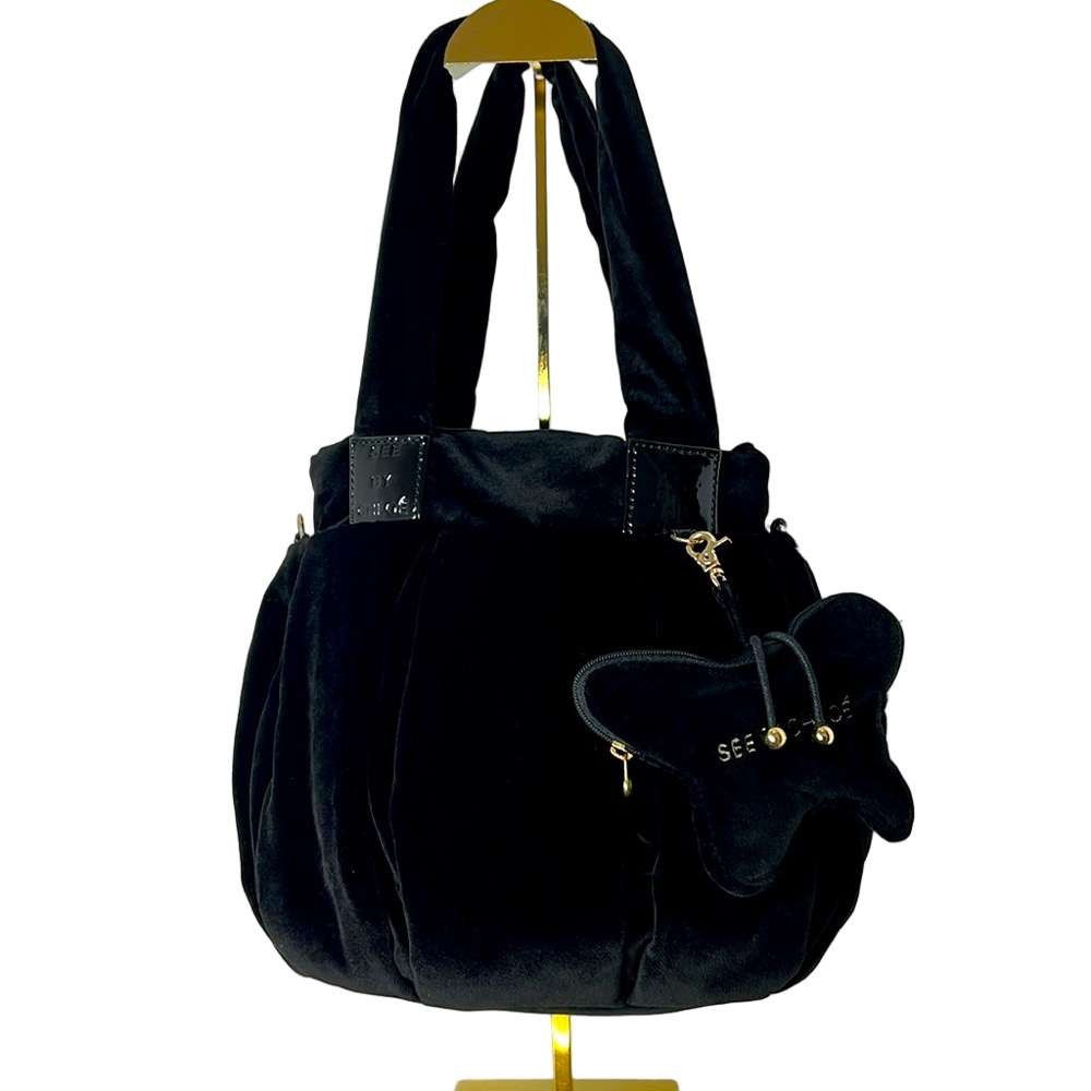 See by Chloe Black Velvet Handbag‎ with Butterfly Bag Charm / Coin Purse EUC